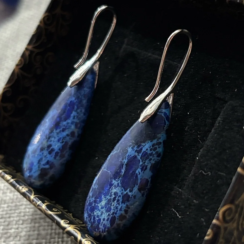 Blue Jasper Natural Gemstone Pendant Teardrop Earrings Silver Handmade Healing